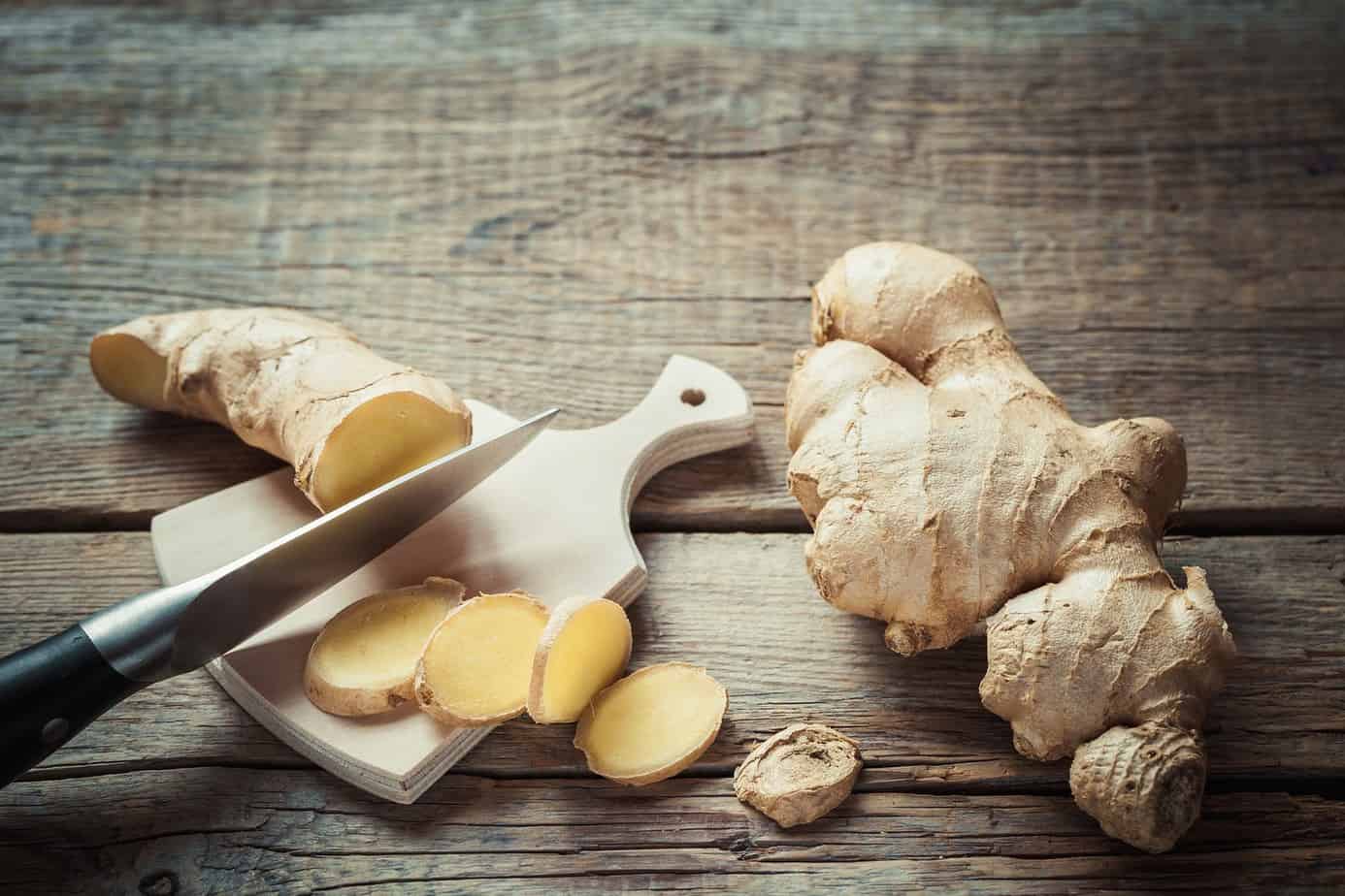 Ginger root on cutting board