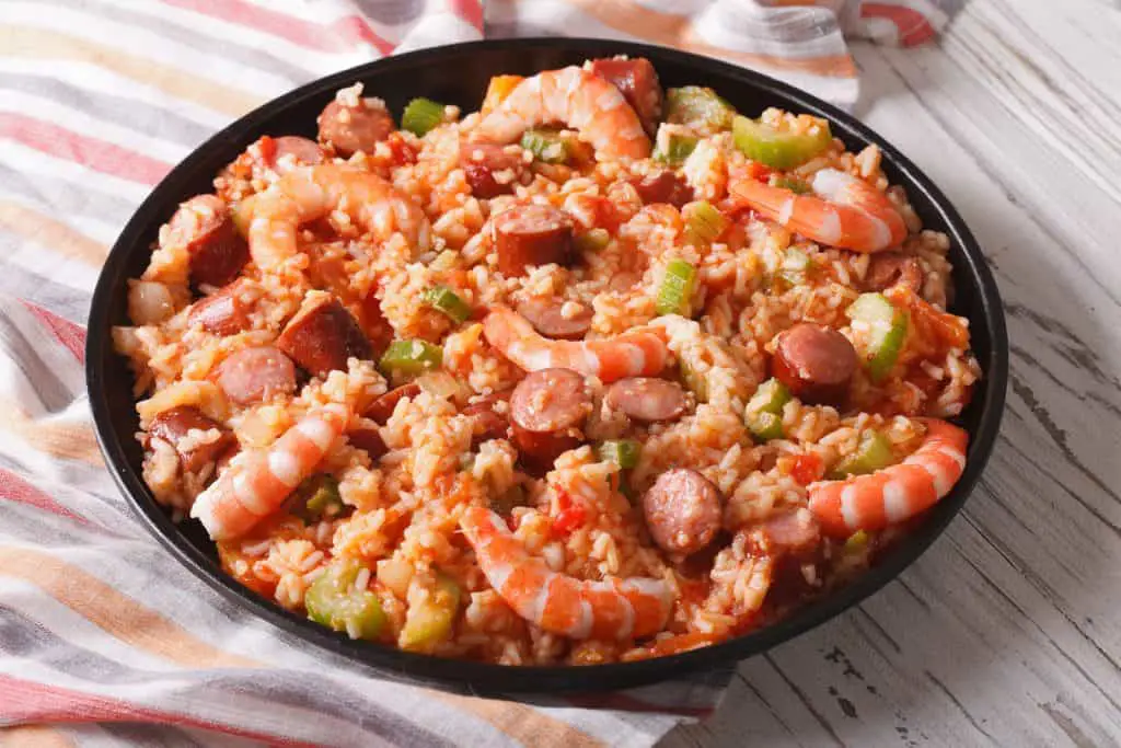 Nutritional Creole jambalaya with shrimp and sausage close-up on a plate. horizontal
