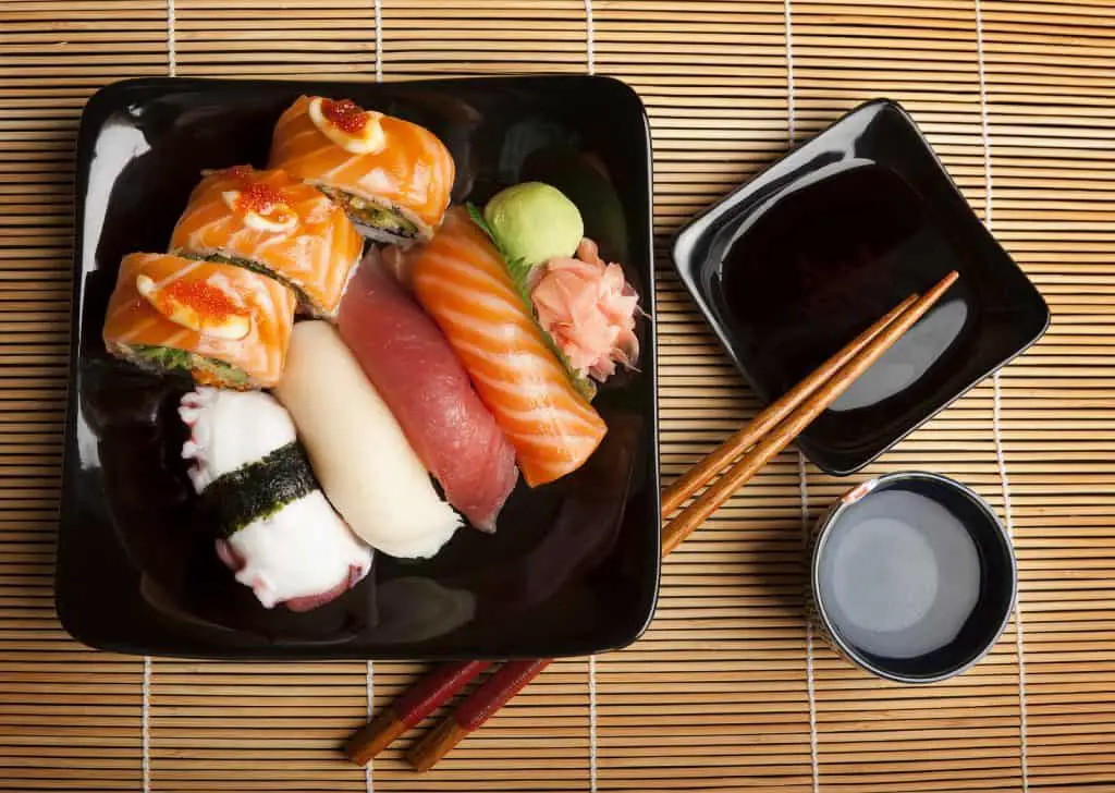 Sushi on black plate. Japan Food