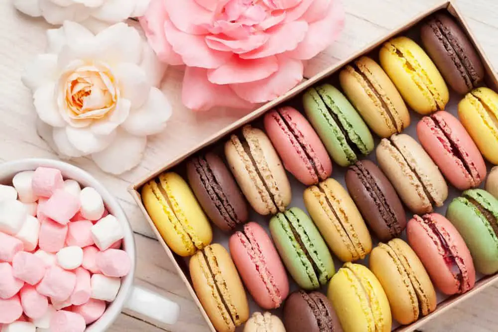 Colorful macaroons in a gift box