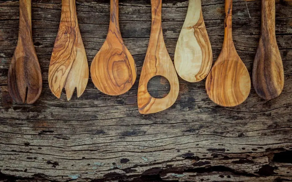 Various Wooden Cooking Utensils Border. Wooden Spoons And Wooden