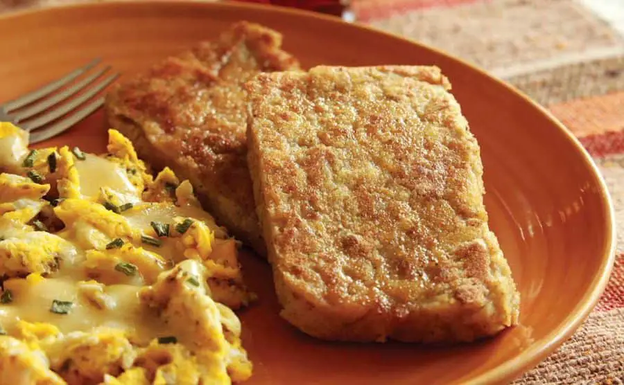 scrapple served with scrambled eggs